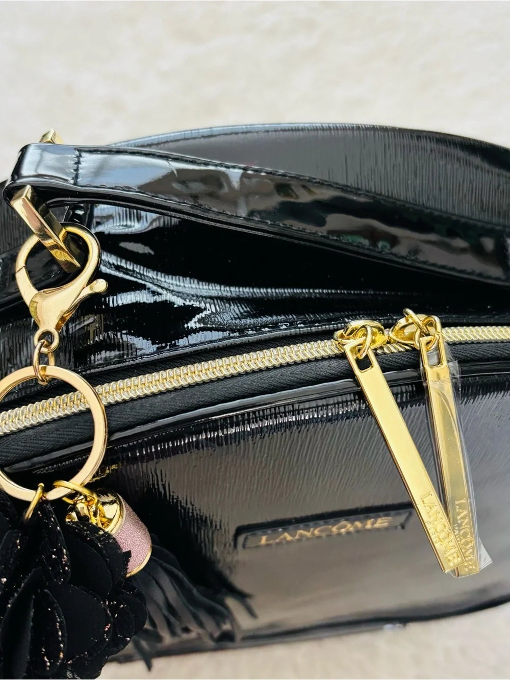 Lanncome Faux Black Patent Cosmetic Case with Tassel Travel Bag